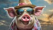 A pig with sunglasses and a hat for summer