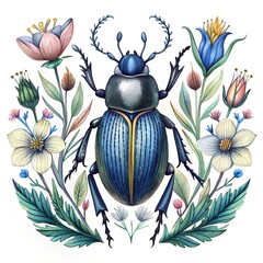 set of beetle. fantastic beetles and flowers. Cover of a book, magazine, booklet or poster. White background.