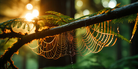a dewkissed spider web glistening in the morning sunlight, each delicate strand capturing the ess
