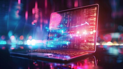 a background image illustrating the laptop concept technology, accompanied by a business graph and d