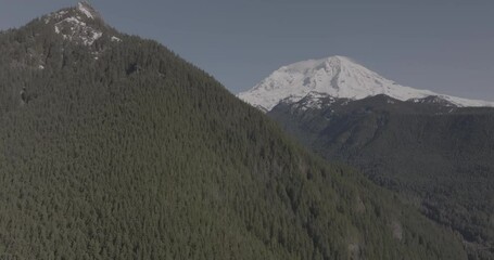 Wall Mural - Ungraded 4K aerial view of Mount Rainier on a sunny winter morning