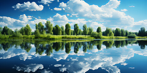 Wall Mural - The smooth, glassy texture of a calm lake surface, with reflections of clouds and trees mirror