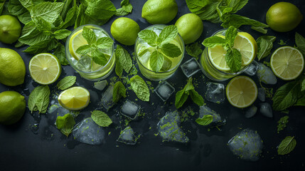 Summer mint lime refreshing cocktail mojito with rum and ice in glass on black background top view