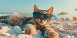 Cat wearing hawaiian floral lei and sunglasses on the beach