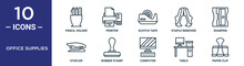 office supplies outline icon set includes thin line pencil holder, scotch tape, sharpen, rubber stamp, table, paper clip, stapler icons for report, presentation, diagram, web design