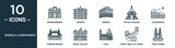 Fototapeta Londyn - world landmarks outline icon set includes thin line brandenburg, greece, colosseum, royal palace, great wall of china, twin tower, london bridge icons for report, presentation, diagram, web design