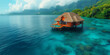 Luxury travel vacation destination panoramic banner. Romantic honeymoon getaway in overwater bungalow villa 