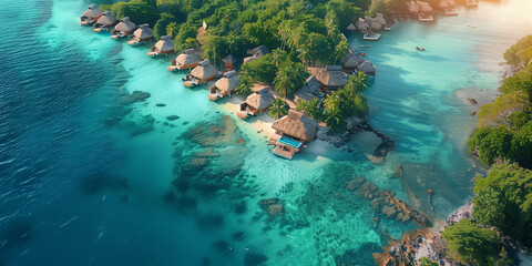 Wall Mural - top view at a Luxury travel vacation destination, Romantic honeymoon getaway in overwater bungalows villas of Tahiti resort, Bora Bora, French Polynesia. Landscape copy space panorama