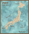 Illustration of a stylized map showing the four main islands of Japan, with islands, major towns and mountainous areas, 3d digitally rendered illustration