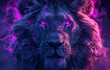 Zodiac sign Leo with a stylized lion head in purple and blue neon lights on a starry background.