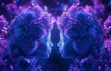 Gemini zodiac sign depicting twins in purple and blue neon lights on a starry background.