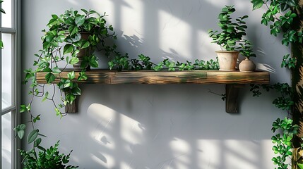Poster - Generative AI : Wooden shelf on white wall with green plant.