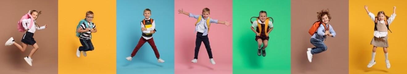 Happy schoolchildren with backpacks jumping on color backgrounds, set of photos