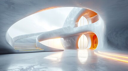 Fototapete - Generative AI : White Abstract Modern Architecture Interior Background. 3d Render Illustration