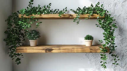 Poster - Generative AI : Wooden shelf on white wall with green plant.