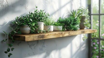 Poster - Generative AI : Wooden shelf on white wall with green plant.