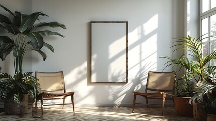 Poster - Generative AI : Wooden frame mockup on white wall. Poster mockup. Clean, modern, minimal frame. 