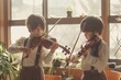 Asiatische Kinder spielen Geige, Chinesische Talente spielen Violine