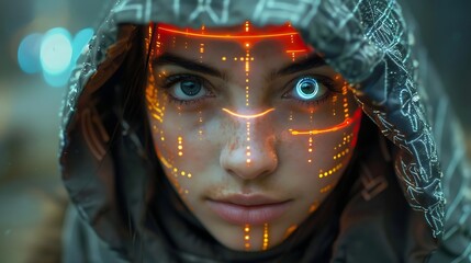 Wall Mural - generative ai : hackers create deepfakes, back view of a cyberpunk girl types