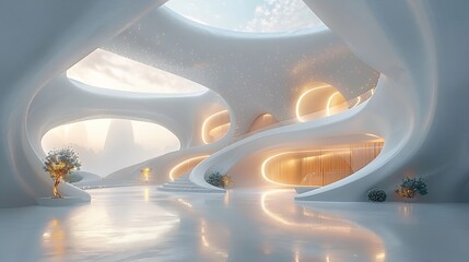 Fototapete - Generative AI : White Abstract Modern Architecture Interior Background. 3d Render Illustration