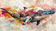 Humpback whale with colorful watercolor paint splashes. 3d rendering