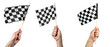 Hand holding racing flag over isolated transparent background