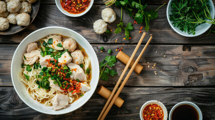 Wall Mural - Indonesian Chicken Noodles. Chicken noodles in white bowl and wooden chopsticks on natural background with chicken pieces, chicken feet, green mustard, meatballs, boiled dumplings, sauce. 