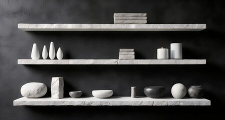 Canvas Print -  Modern minimalist wall shelves with white marble and stone decor