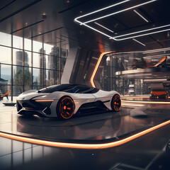 Poster - A futuristic car showroom with sleek electric vehicles