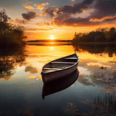 Wall Mural - A peaceful rowboat on a calm lake at sunset.