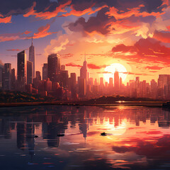 Canvas Print - A serene sunset over a city skyline. 