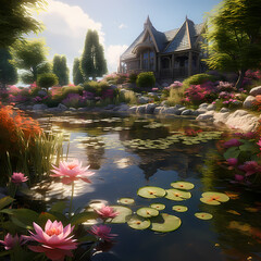 Poster - A tranquil garden with blooming flowers and a pond 