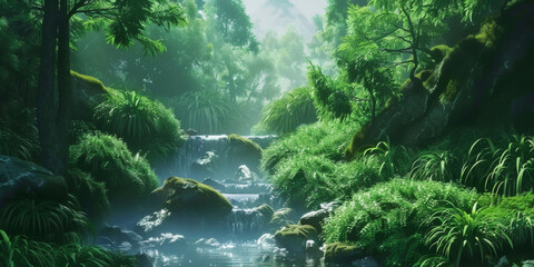 Wall Mural - a stream runs through a lush green forest, generative AI