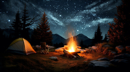 Wall Mural - A campfire under a starry night sky.