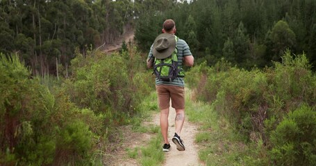 Wall Mural - man, hiking and walking in nature for travel adventure, wellness and fitness or journey in a backpac