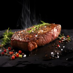 Wall Mural - a Steak with spices and salt on dark plate