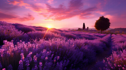 Canvas Print - A field of lavender in full bloom.