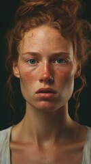 Canvas Print - A woman with red hair and freckles. Generative AI.