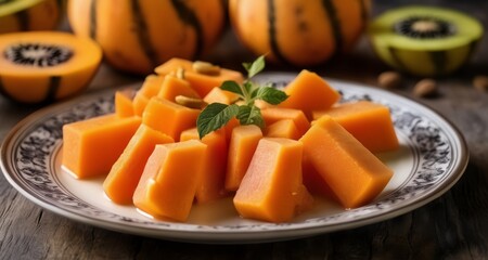  Deliciously fresh and vibrant, a plate of juicy cantaloupe slices