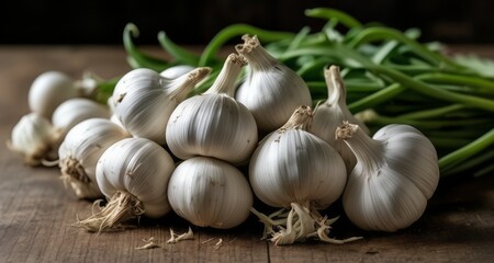 Wall Mural -  Fresh garlic bulbs on a wooden surface, ready for culinary adventures