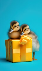 Two baby ducks sitting on top of a gift box. Generative AI.