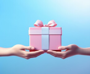 Canvas Print - Hands holding a pink gift box on a blue background. Generative AI.