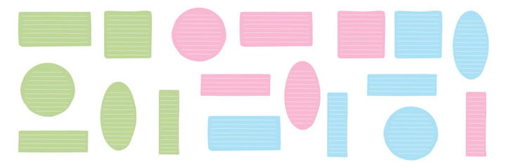 Set of decorative doodle style text frames in different shapes of pink, green, blue color on transparent background.