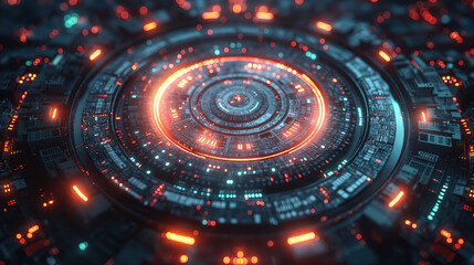 Futuristic 3d round computer center, glowing technological cyberspace network, corporate business security, datum data center
