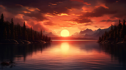 Wall Mural - A serene sunset over a calm lake.