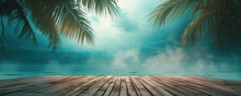 Wooden Floor On The Beach With Tropical Palm Trees And Blue Sky Background, Summer Holiday Vacation Concept	