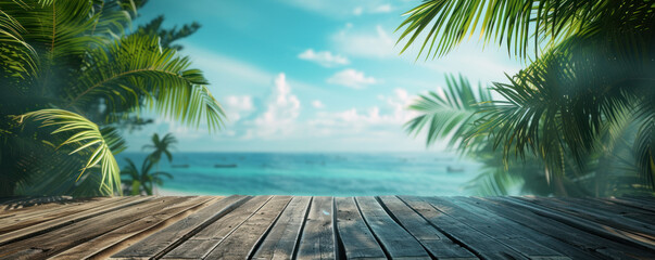 Wall Mural - Wooden floor on the beach with tropical palm trees and blue sky background, Summer holiday vacation concept	
