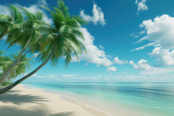 Wall Mural - Beach with tropical palm trees sea and sky