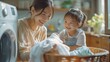 A Asian mother with her child sitting in basket in front of washing machine with a big space for text or product, Generative AI.