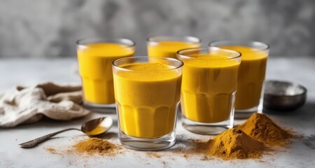 Poster -  Five glasses of golden turmeric latte, a warm and healthy beverage